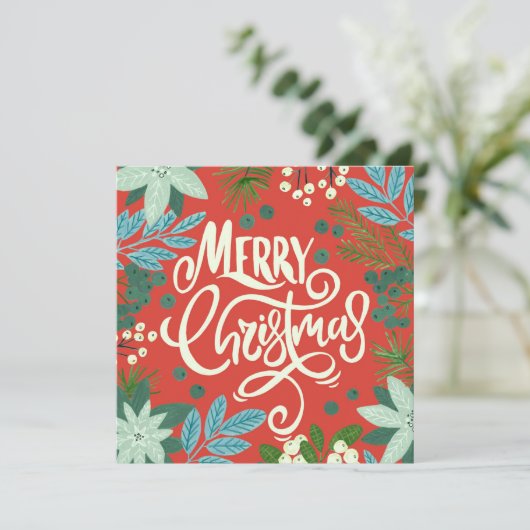 Floral red kerstfoto Holiday Card Feestdagenkaart (Staand voorkant)