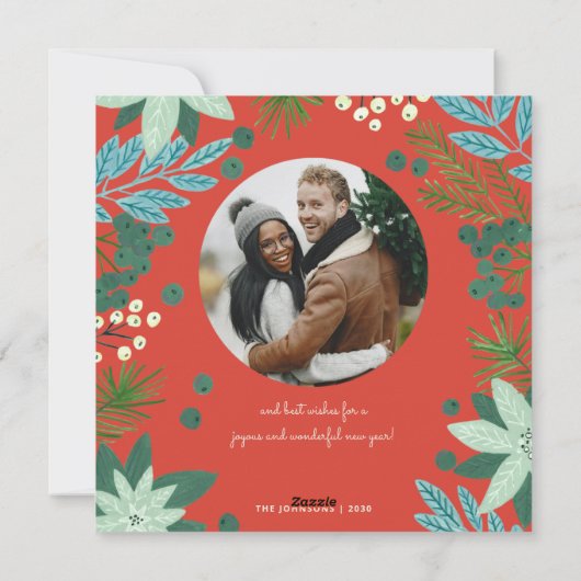 Floral red kerstfoto Holiday Card Feestdagenkaart (Achterkant)