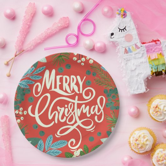 Floral red Kerstmis Papieren Bordje (Feest)
