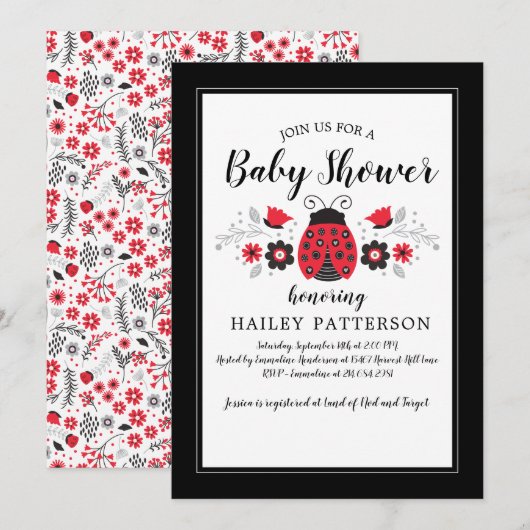 Floral Red Ladybug Baby shower Invitation Kaart (Voorkant / Achterkant)