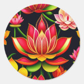 Floral Red Lotus Flower Illustration Ronde Sticker (Voorkant)