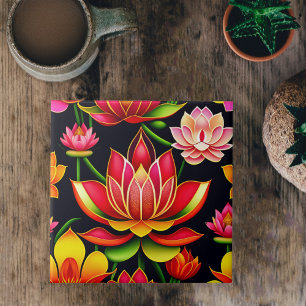 Floral Red Lotus Flower Illustration Tegeltje