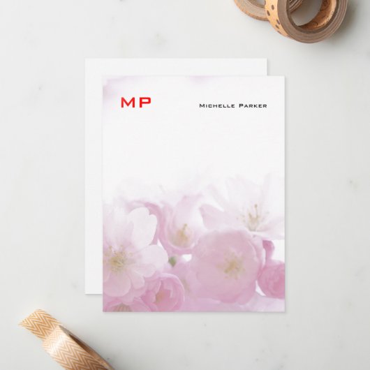 Floral Red Monogram Professional Plain Minimalist Notitiekaartje (Voorkant / Achterkant in situ)