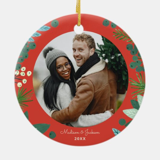 Floral red Ons eerste kerstjaar Keramisch Ornament (Achterkant)