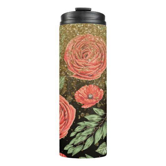 *~* Floral Red PEONY POPPY Gold Glitter Thermosbeker (Voorkant)