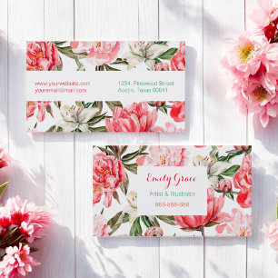 Floral Red Pink Flowers Patroon Visitekaartje