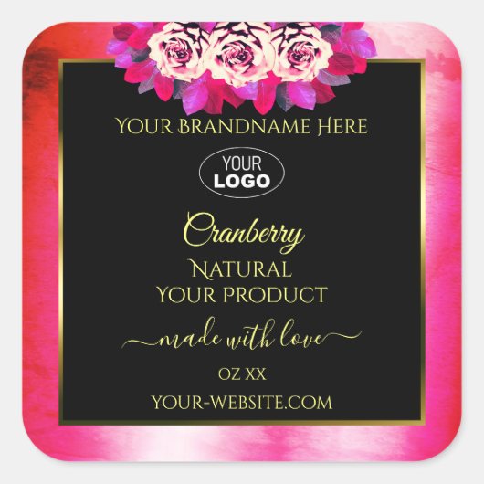 Floral Red Pink Marble Black Product Labels Logo (Voorkant)