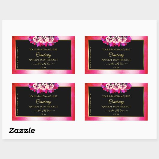 Floral Red Pink Marble Pattern Zwarte Etiket (Vel)