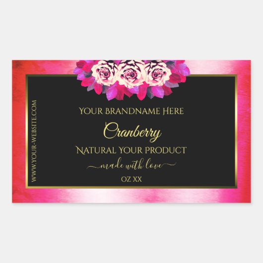 Floral Red Pink Marble Pattern Zwarte Etiket (Voorkant)