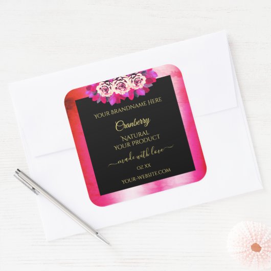 Floral Red Pink Marble Pattern Zwarte Etiket (Envelop)