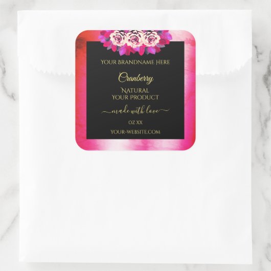 Floral Red Pink Marble Pattern Zwarte Etiket (Tas)