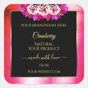 Floral Red Pink Marble Pattern Zwarte Etiket