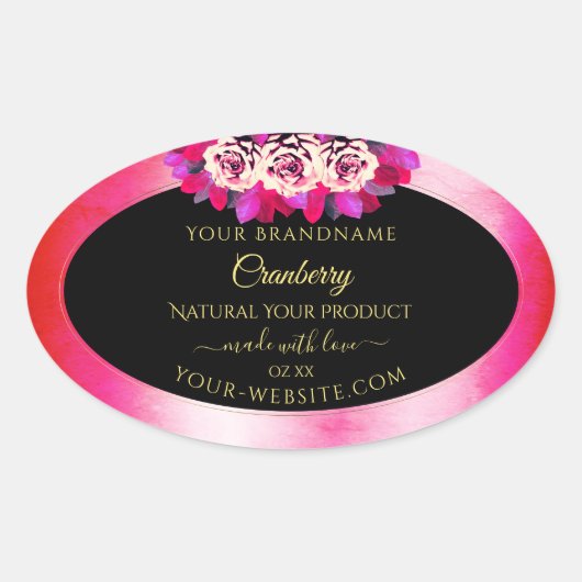 Floral Red Pink Marble Pattern Zwarte Etiket (Voorkant)