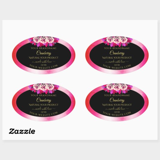 Floral Red Pink Marble Pattern Zwarte Etiket (Vel)