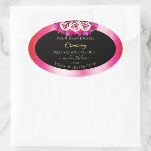 Floral Red Pink Marble Pattern Zwarte Etiket (Tas)