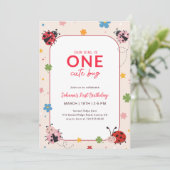 Floral Red Pink One Cute Bug Ladybug 1st Birthday Kaart (Staand voorkant)