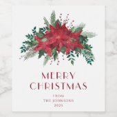 Floral Red Poinsettia Merry kerst Wijn Etiket (Enkel label)