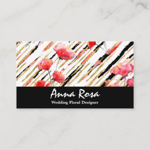 *~* Floral Red Poppy Black Glitter Foil White Chic Visitekaartje