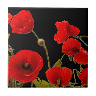Floral Red Poppy Flowers Black Achtergrond kleurig Tegeltje