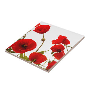 Floral Red Poppy Flowers White Background Colorful Tegeltje