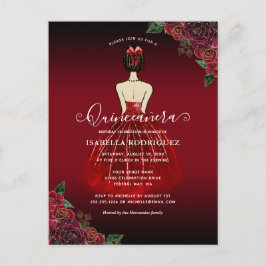 Floral Red Princess Gold Birthday Quinceañera Briefkaart