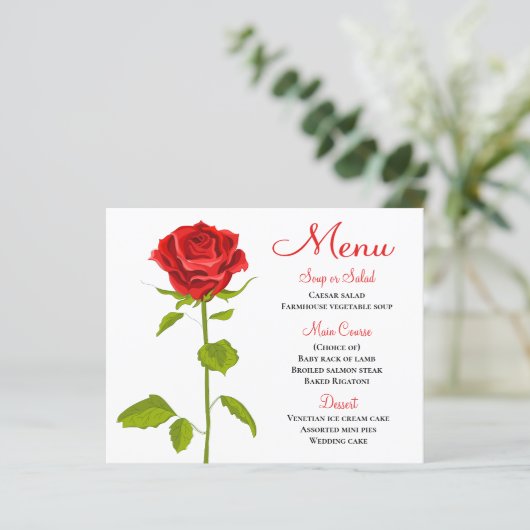 Floral Red Rose Menu Wedding Vrijgezellenfeest Par (Staand voorkant)