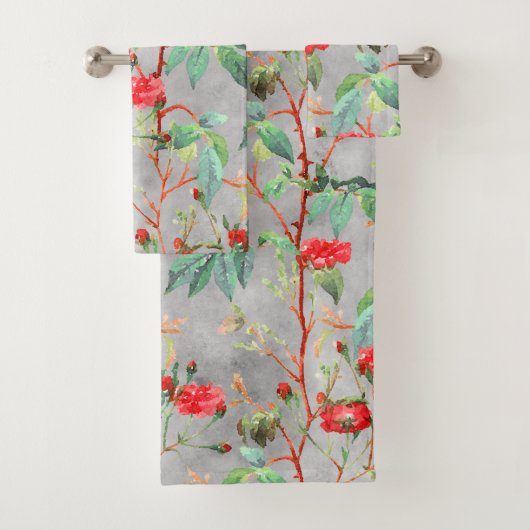 Floral Red Rose Waterverf grijs Bad Handdoek (Insitu)