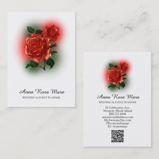 *~* Floral Red ROSE Wedding Event Planner QR code Visitekaartje (Voorkant / Achterkant)