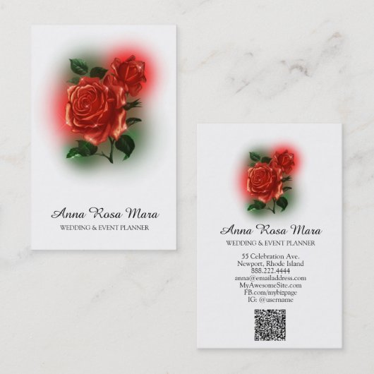 *~* Floral Red ROSE Wedding Event Planner QR code Visitekaartje (Voorkant / Achterkant)
