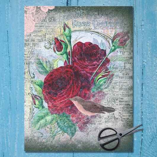 Floral Red Roses Finch Bird Ephemera Tissuepapier