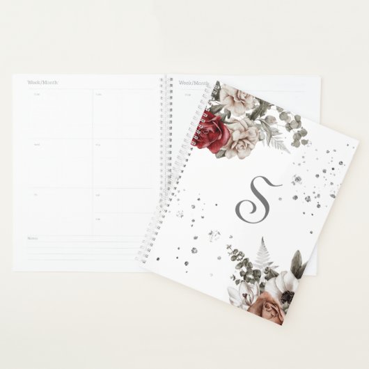 Floral Red Roses Monogram Modern Planner (Display)