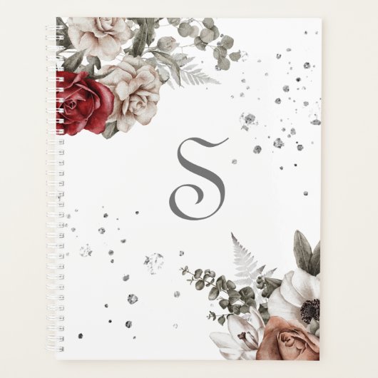 Floral Red Roses Monogram Modern Planner (Voorkant)