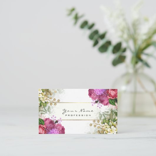 Floral Red Roses roze groen goud voor de evenement Visitekaartje (Staand voorkant)