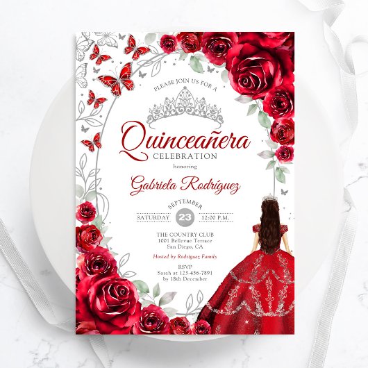 Floral Red Silver Quinceanera Kaart