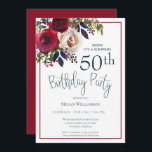 Floral Red Surprise 50th Birthday Party Kaart<br><div class="desc">Deze elegante verrassing uitnodiging voor een 50e verjaardag is perfect voor je speciale evenement! Dit ontwerp bevat prachtige rode en witte bloemen en blauwgroen typografie.</div>