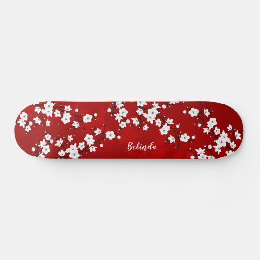 Floral Red White Cherry Blossom Monogram Persoonlijk Skateboard (Horizontaal)