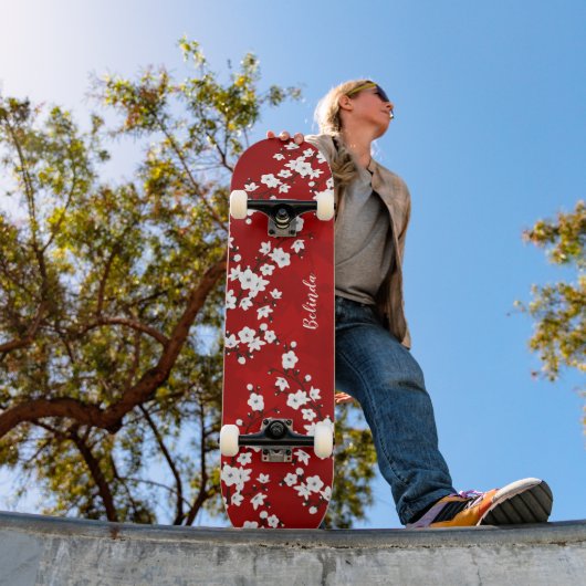 Floral Red White Cherry Blossom Monogram Persoonlijk Skateboard (Buiten 1)