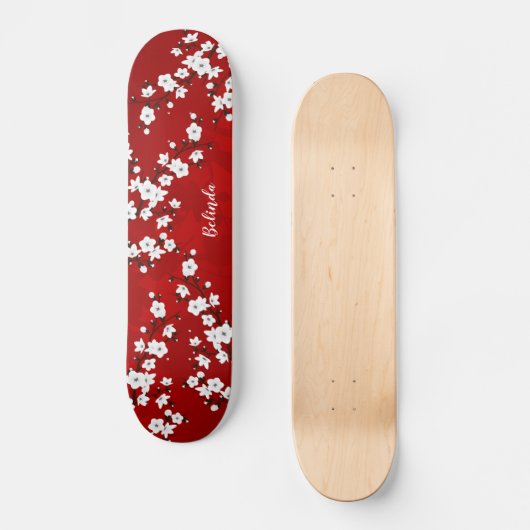 Floral Red White Cherry Blossom Monogram Persoonlijk Skateboard (Voorkant)