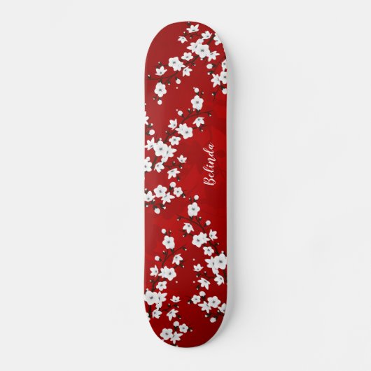 Floral Red White Cherry Blossom Monogram Persoonlijk Skateboard (Voorkant)