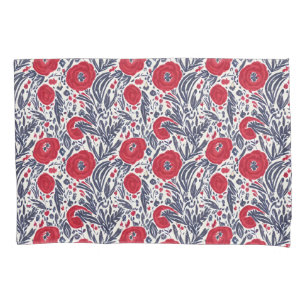 Floral Red White en Blue Botanical Poppies Kussensloop