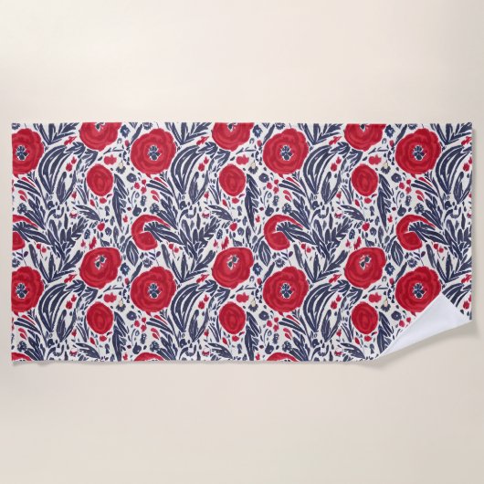 Floral Red White en Blue Botanical Poppies Strandlaken (Voorkant)