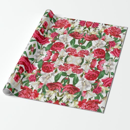 Floral Red White Flowers Waterverf Garden Pattern Cadeaupapier (Uitgerold)