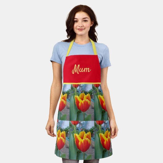 Floral Red Yellow Tulip Flower Mothers Mum Apron Schort (Gedragen)