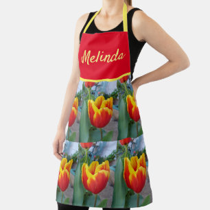 Floral Red Yellow Tulip Flower Womans Apron Schort