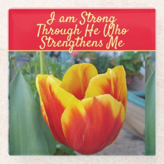 Floral Red Yellow Tulip God Quote I Am Strong Glazen Onderzetter