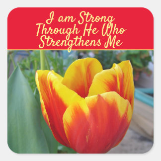 Floral Red Yellow Tulip God Quote I Am Strong Vierkante Sticker
