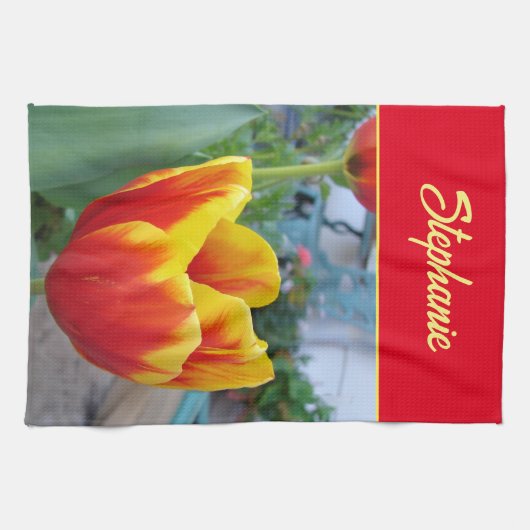 Floral Red Yellow Tulip maakt het niet uit Theedoek (Horizontaal)