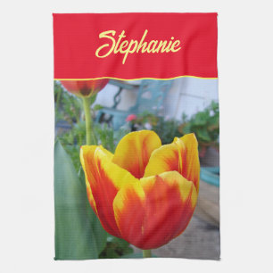Floral Red Yellow Tulip maakt het niet uit Theedoek