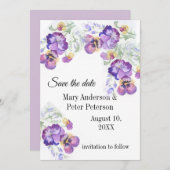 Floral redt de datum van paarse pansies kaart (Voorkant / Achterkant)