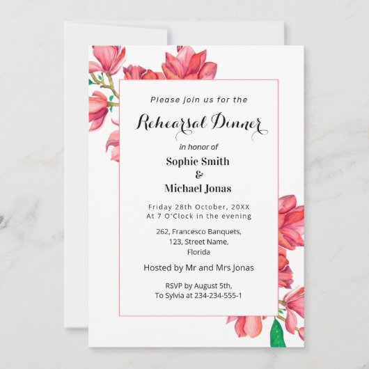 Floral Rehearal Dinner Pink White Magnolia Kaart (Voorkant)